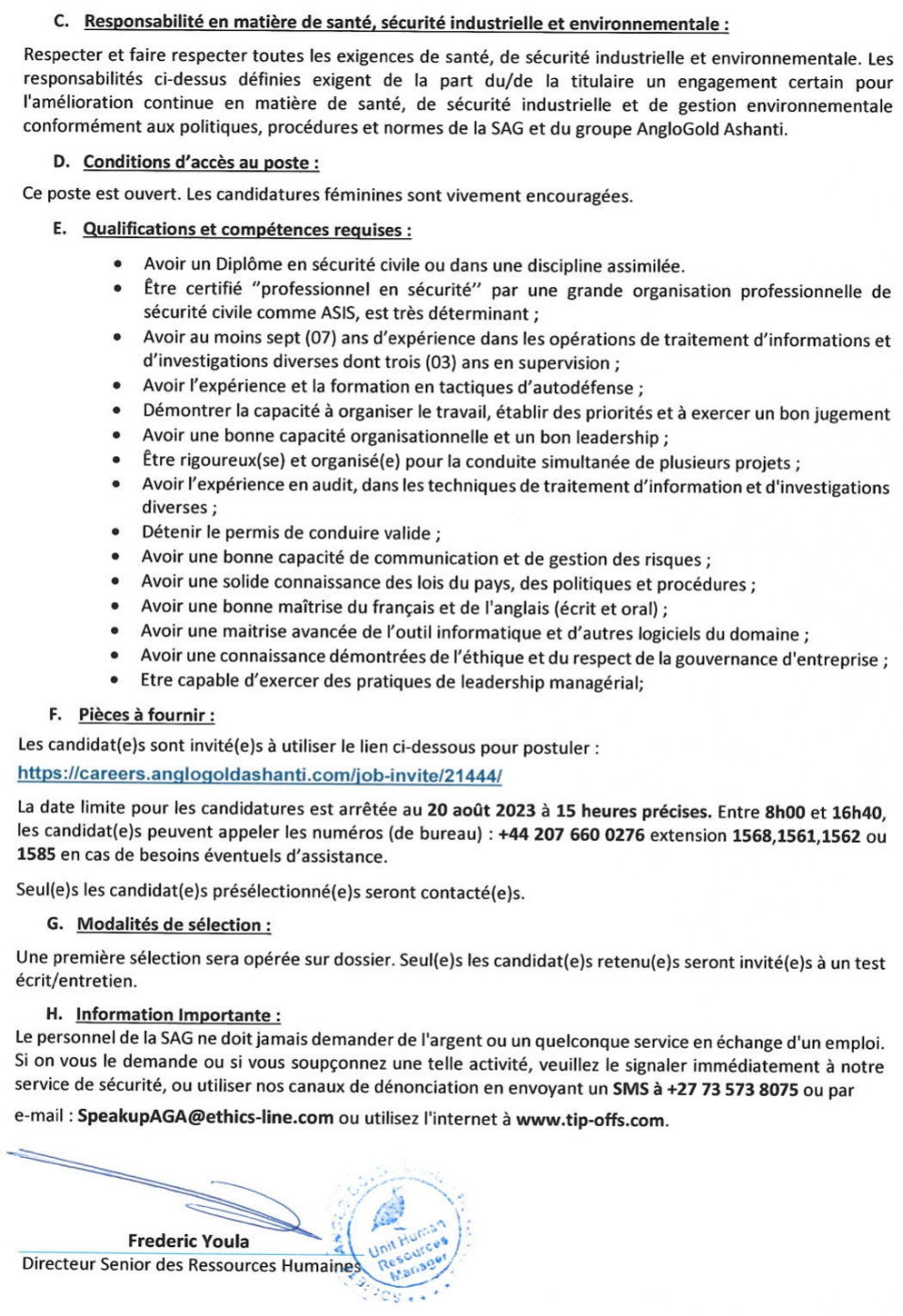 Avis de recrutement d'un(e) Surintendant(e) de la Sécurité chargé(e) des Investigations et Informations (Superintendent Security Investigations and Information) | Page 2